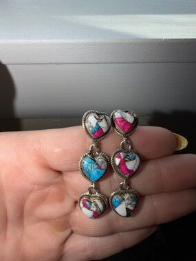 Handmade Heart Drop Earrings with Pink & Turquoise Inlay STAMPED Sterling silver